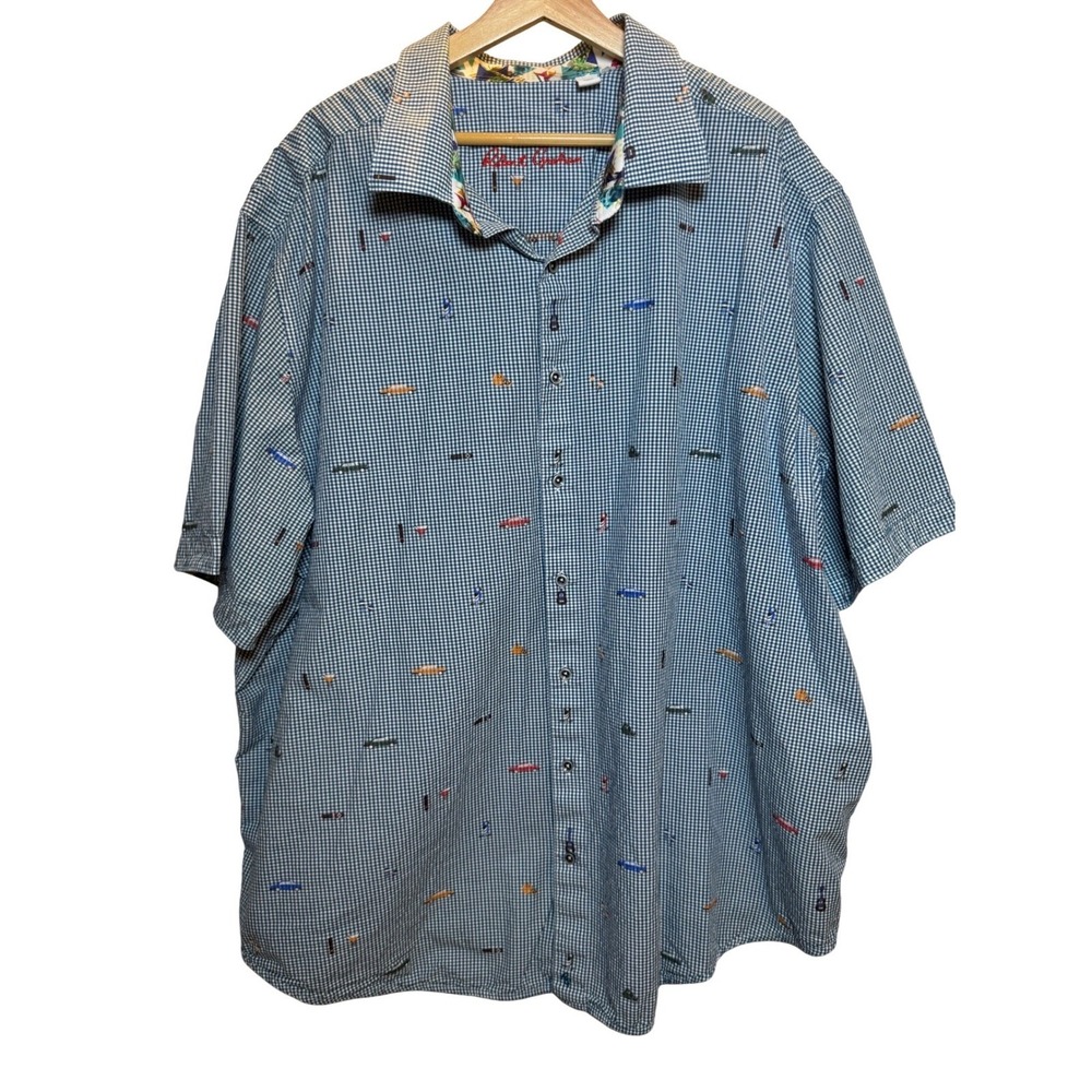 Robert Graham Mens 3XL Gingham‎ Shirt Short Sleeve Novelty Print Vacation Beach